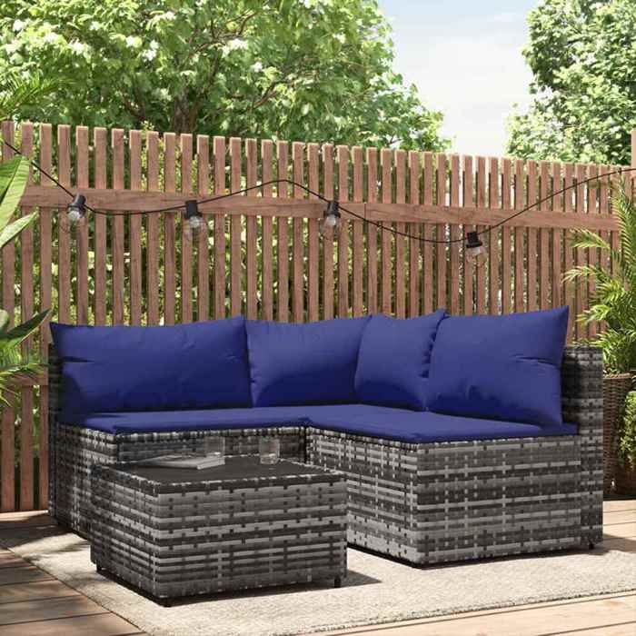 vidaXL Salon de jardin 4 pcs avec coussins Gris Résine tressée ensemble de salon dextérieur ensemble de mobilier 319845