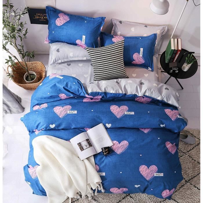Parure De Lit Legere Et Elegante 4 Pieces Motif Cœur Bleu Et Rose 135 0cm M756 Cdiscount Maison