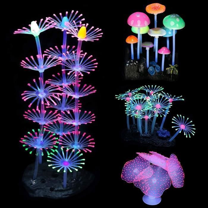 Meilleurs prix pour 4 Packs de Décorations Lumineuses pour Aquarium, Décorations pour Aquarium avec Simulation de Corail Champignon et Corail Plume