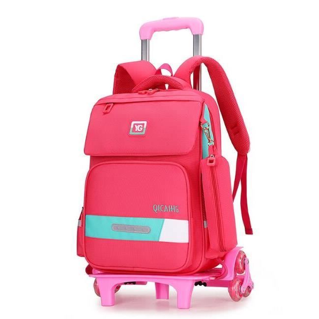 Cartable roulettes 6 tours rouge rose Sac Dos Scolaire Enfant