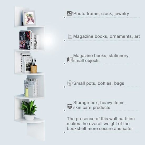 Étagère D'angle 5 Niveaux En MDF – Blanc, 20×20×123 Cm – Murale, Pour Rangement Et Déco