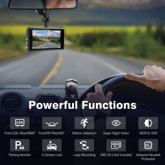 Dashcam Voiture 1296P Avant Arrière Avec GPS, WiFi, Écran 3'' Et Carte 64Go