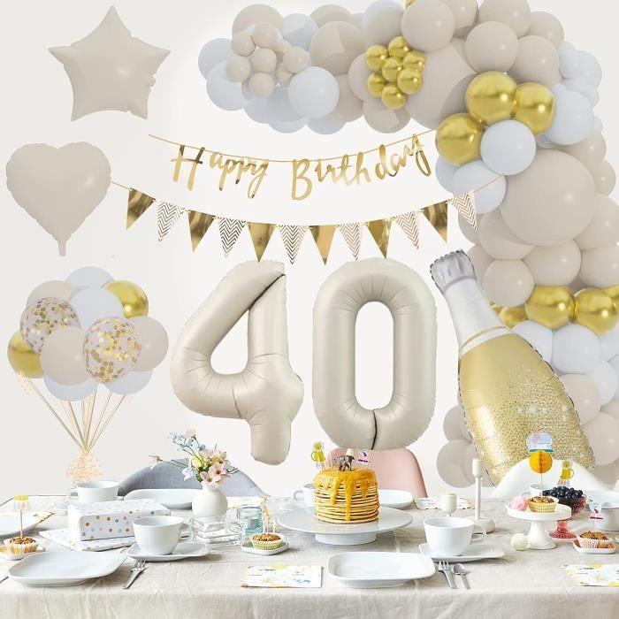 Déco Anniversaire 40 Ans Femme - Ballons Beige Or + Bannière + Nappe - Kit Complet Bohème