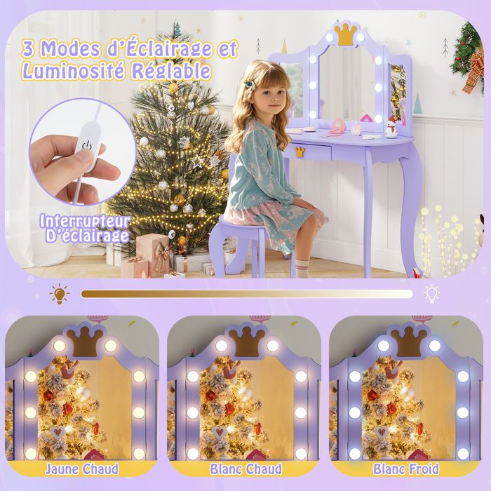 COSTWAY Ensemble de Coiffeuse et Tabouret pour Enfants avec Miroir