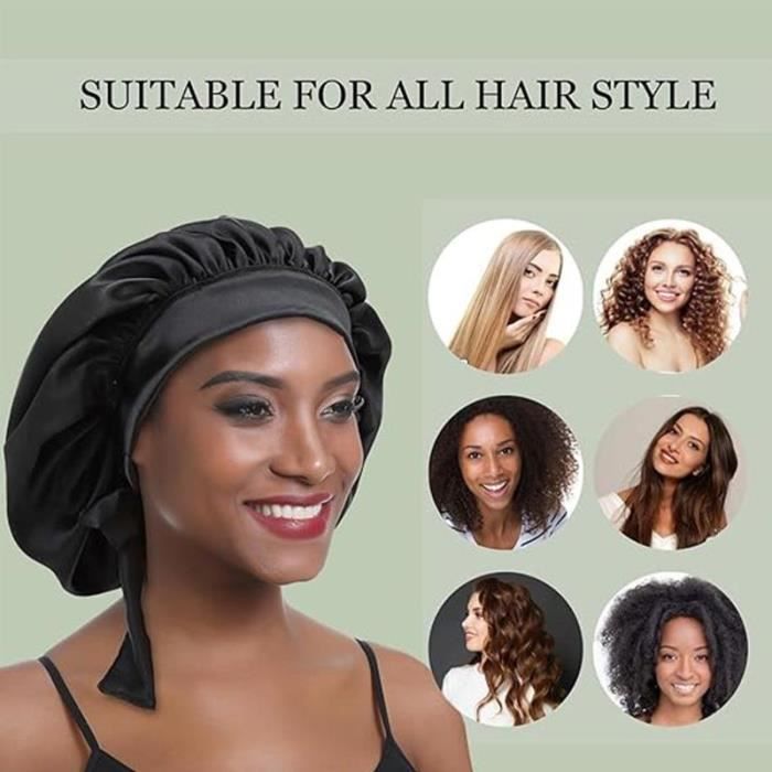 Bonnet Nuit Satin Réglable Double Face Cheveux Bonnets Nuit Satin - Lot 2 Pièces Réglables (Noir Rose) Bonnet Satin Double Face Protection Cheveux
