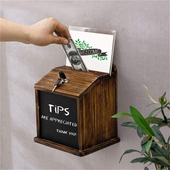 WANDGU Boîte à propositions en bois avec serrure : boîte à dons verrouillable, boîte à dons, boîte à bonbons en bois massif avec tableau noir et clé - Urne de choix pour