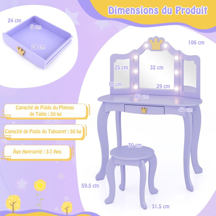 Costway Coiffeuse et Tabouret pour Enfants, avec Miroir à 3Panneaux et Tiroir, Coiffeuse Costway Coiffeuse et Tabouret pour Enfants, avec Miroir à 3Panneaux et Tiroir, Coiffeuse