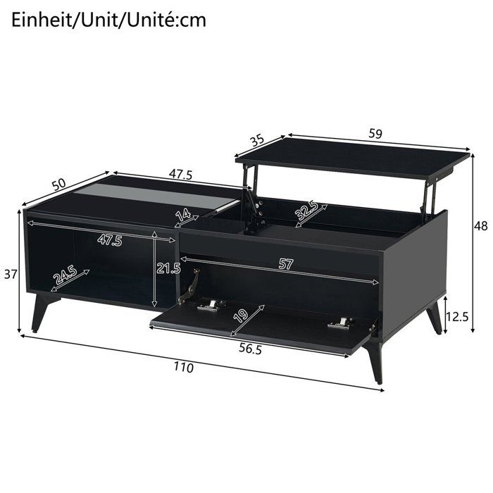Table Basse Relevable Noir Laque Brillant Moderne avec Rangement, Table ...