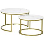 HOMCOM Lot de 2 tables basses gigognes rondes style art déco - acier doré panneaux aspect marbre blanc 74x74x46cm Blanc