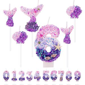 BOUGIE ANNIVERSAIRE Lot de 6 bougies d'anniversaire en forme de sirène - 7,3 cm - Violet - Paillettes - Pour anniversaire, fête à thème sirène.[Q1578]
