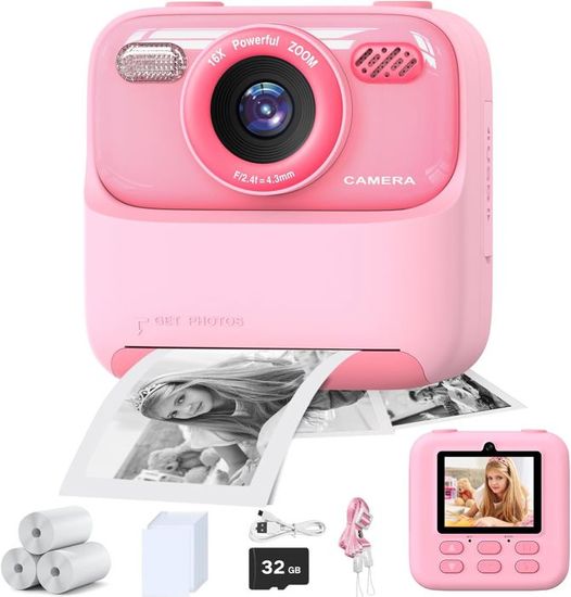 Appareil Photo Instantané Pour Enfant 1080P - Imprime Sans Encre, Avec Carte 32 Go Et Autocollants, Cadeau Noël 3-12 Ans - 9