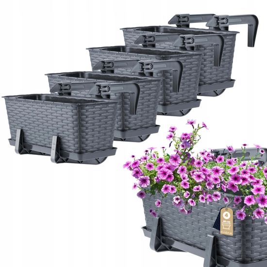 Lot De 4 Jardinières Balcon 40 Cm KADAX Anthracite - Plastique Rotin Avec Soucoupe - Pots Fleurs Rectangulaires Résistants UV