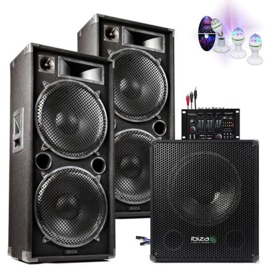 PACK DJ SONO MIXAGE DJ 3800W avec 1 CAISSON + 2 ENCEINTES + CABLES + JEUX DE LUMIÈRES LED PA DJ LED LIGHT SOUND