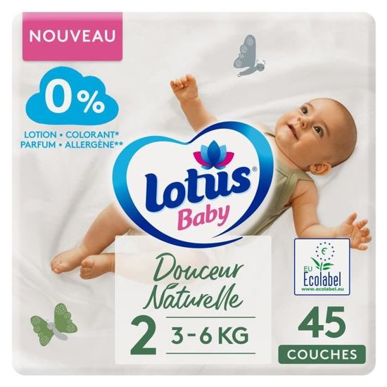 Couches LOTUS BABY Douceur Naturelle Taille 2 x45 - Sans lotion, colorant, parfum ni allergène