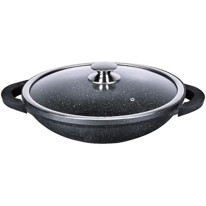 Kamberg - 0008046 - Wok 32 cm - Fonte d'Aluminium - Revêtement type pierre - Couvercle en verre - Tous feux dont induction - Sans PF