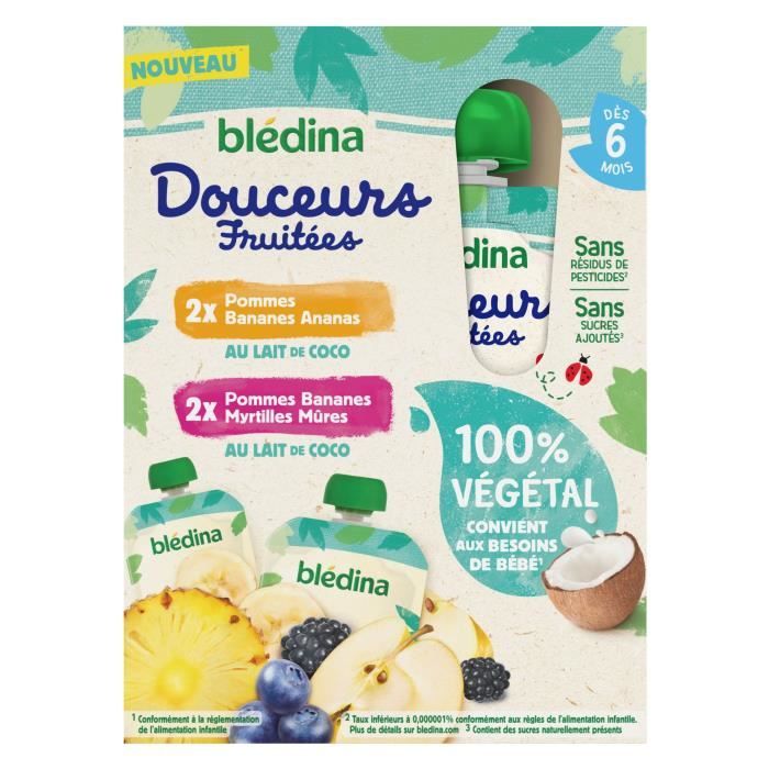 Blédina Gourdes Fruitées 100% végétal - 2 Pommes Bananes Ananas - 2 Pommes Bananes Myrtilles Mûres - Lot de 4 gourdes x 90 g