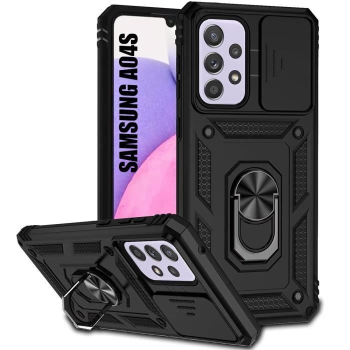 Coque pour Samsung A04s Noir Rigide Cache Caméra Anneau Support Antichoc