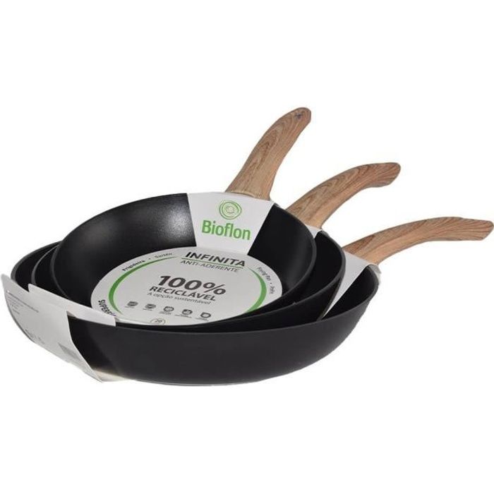 Lot de 3 poêles à frire induction antiadhésive Ø20/24/28 cm INFINITA avec poignée imitation bois