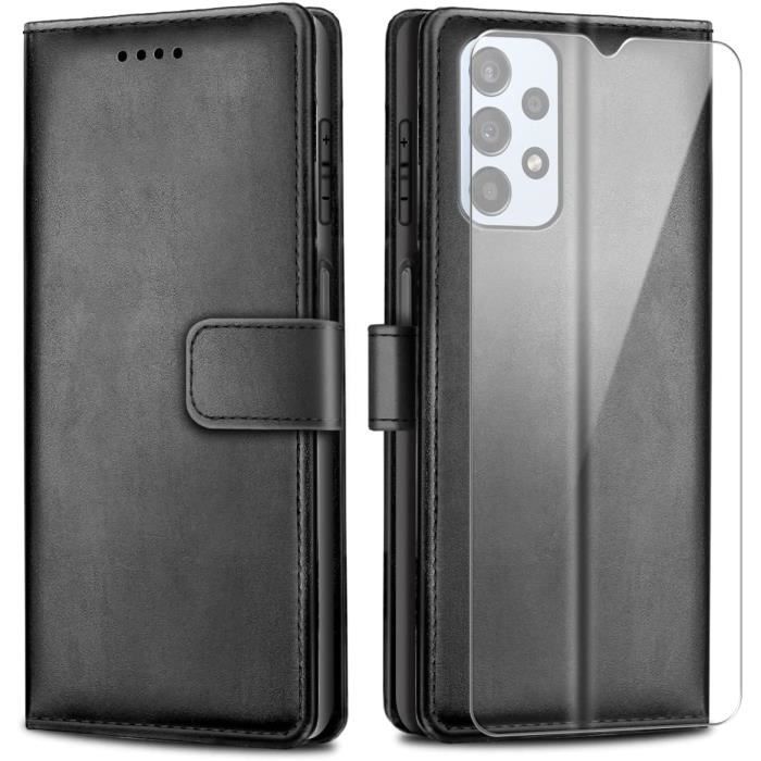 Coque Pour GALAXY A23 5G + 1 vitre verre trempé Porte Carte, Coque Effet Cuir Fermeture Magnétique Noir