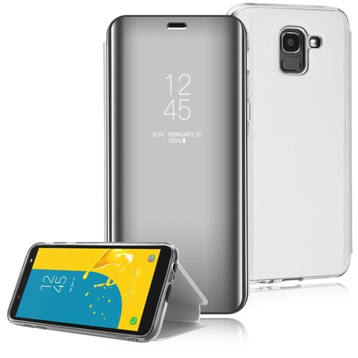 Coque Samsung Galaxy J6+ plus Clear View Etui à Rabat Cover Flip Case Etui Housse Miroir argent Coque pour Samsung Galaxy J6 +plus