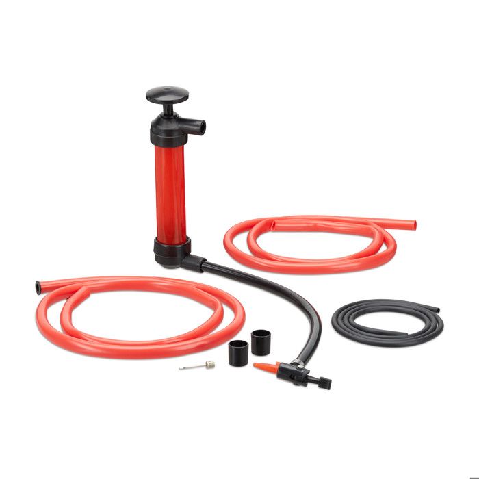Relaxdays Pompe à Siphon de Transvasement ou à Gonfler huile essence diesel matelas vélo, rouge