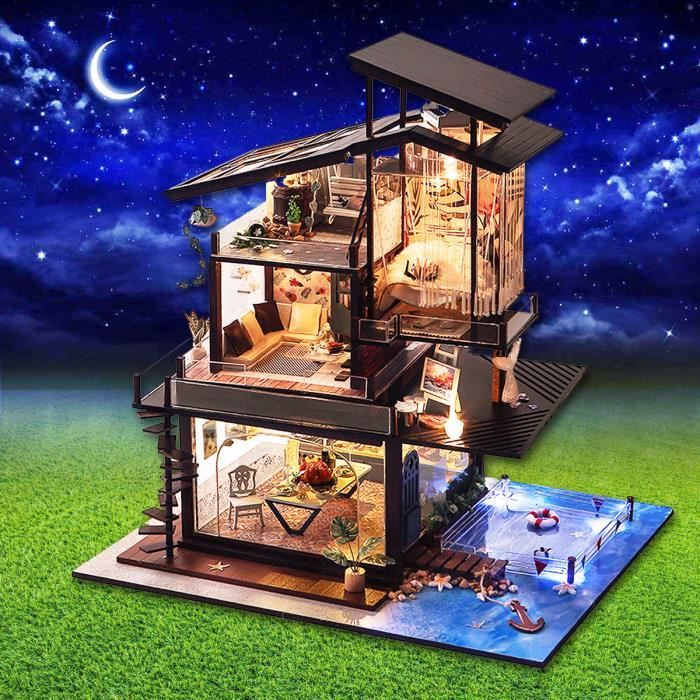 DIY LED Maison de Poupée Villa Côtière De Valence Dollhouse Miniature Bois Meuble Jouet Créatif Cadeau Noël