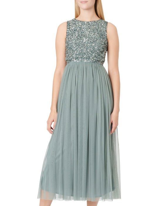 Maya Deluxe – Robe Mi-Longue Pailletée Demoiselle D’Honneur – Corsage Perles & Tulle Volanté – Élégante & Romantique
