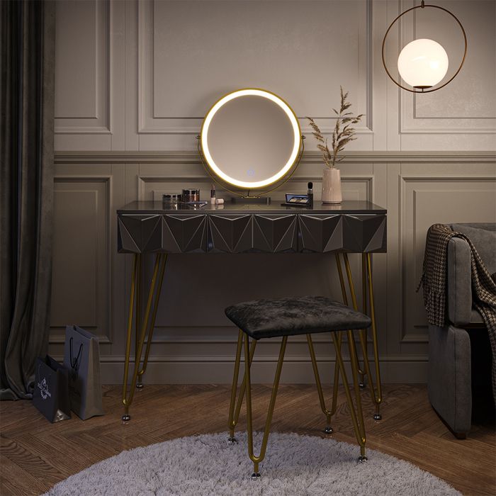 Coiffeuse Ruby 100cm avec miroir LED et tabouret Noir Vicco 40224