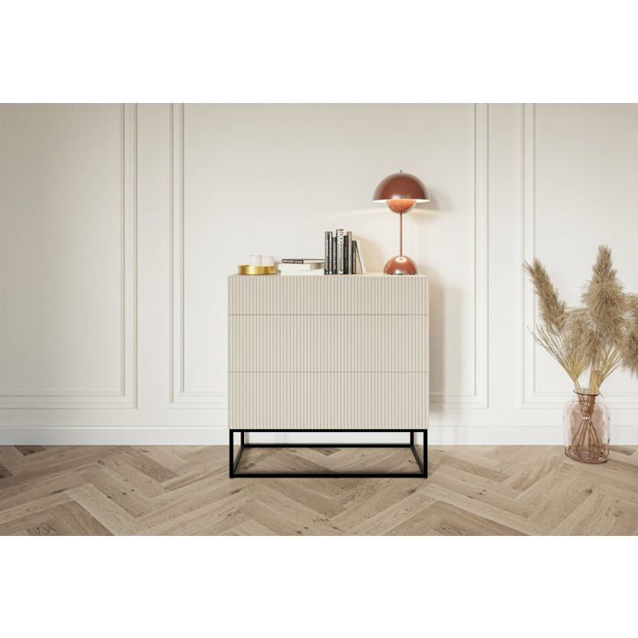 Commode à trois tiroirs - VELDIO - 90 cm - grège avec pieds noirs Commode à trois tiroirs - VELDIO - 90 cm - grège avec pieds noirs