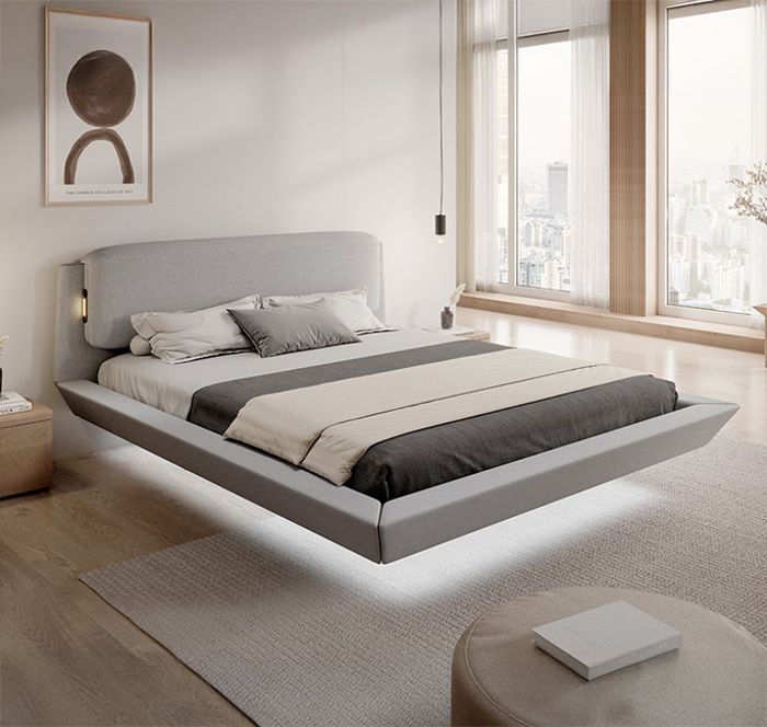 Lit double avec Matelas 160x200cm Design Flottant avec Lumière LED Cadre en Bois Tapissé en Lin Gris Sommier à Lattes Diana