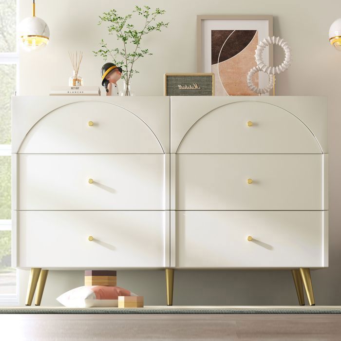 Commode à 6 Tiroirs Meuble de Rangement avec Pieds Métal Dorés pour Chambre à Coucher et Salon Blanc Crème 120 x 40 x 85 cm