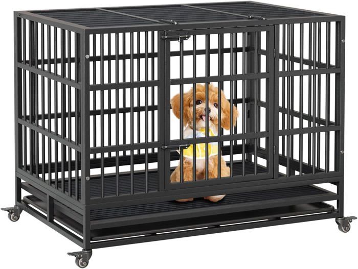 Comparer les prix de Cage Pour Chien Avec 2 Portes Roulettes Verrouillables, Plateau Amovible, Pour Moyenne et Grande Taille Jusqu'à 30kg -108cm