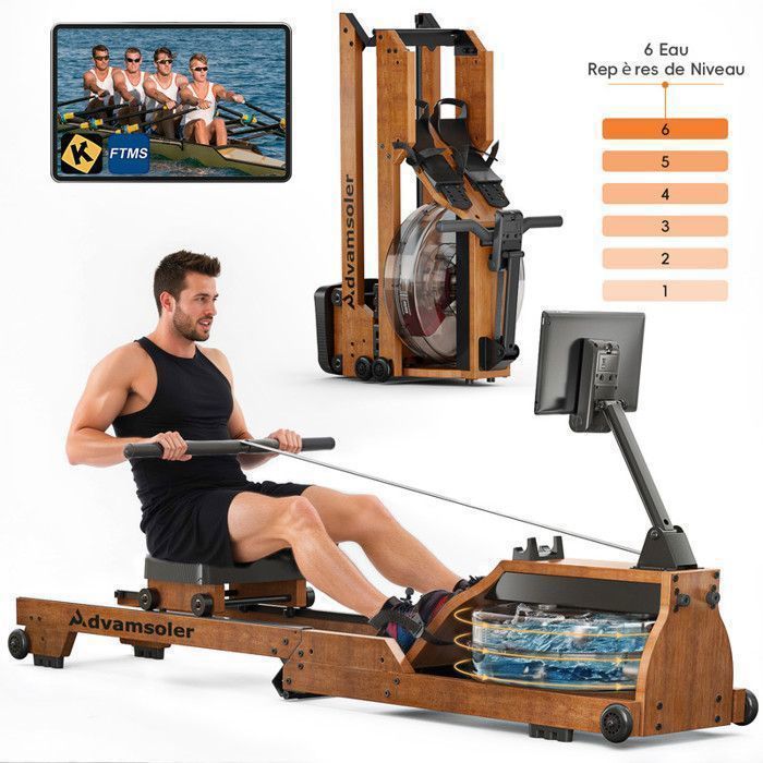 Rameur à Eau En Bois Massif Advamsoler – Pliable, Bluetooth, Support Tablette, Charge 150kg – Moniteur LCD, Application Kinomap