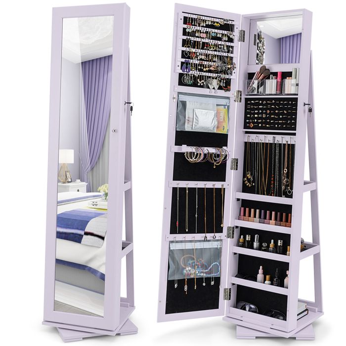 Armoire à Bijoux - RELAX4LIFE - Pivotante à 360°- 3 Étagères de Rangement - Verrouillable à Clés - Miroir sur Pieds - Violet