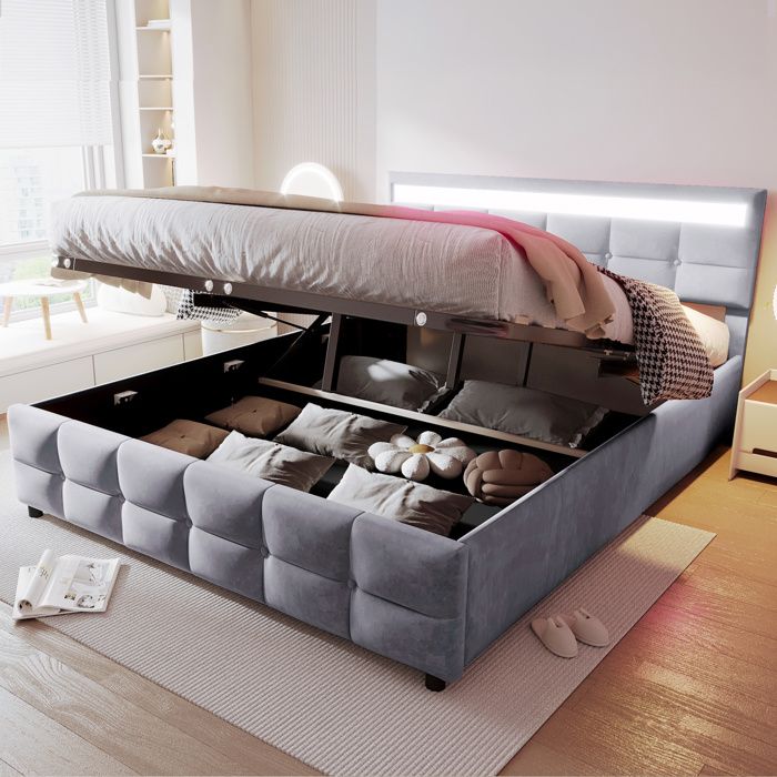 Lit coffre 180 x 200 cm avec éclairage LED sommier à lattes double lit rembourré hydraulique velours hollandais gris