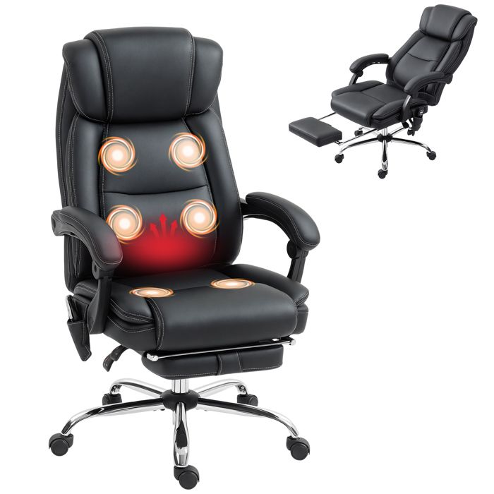 Fauteuil de bureau - HOMCOM - massant et chauffant - hauteur réglable dossier inclinable - polyuréthane - 67x72x111-119cm - noir Fauteuil de bureau - HOMCOM - massant et chauffant - hauteur réglable dossier inclinable - polyuréthane - 67x72x111-119cm - noir