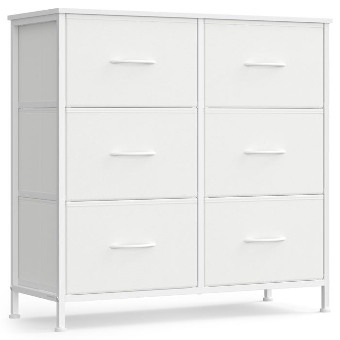 SONGMICS Commode 6 Tiroirs Meuble de Rangement pour Chambre Acier Panneau MDF Tissu Non-tissé Blanc Nuage et Blanc Neige