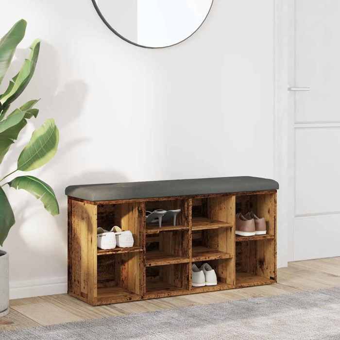 Banc à chaussures - vidaxl - Vieux bois - 102x32x50 cm - Bois dingénierie - Capacité 110 kg - Coussin gris foncé