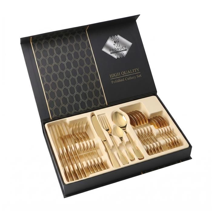 Ensemble de couverts 24 pièces - Portugaise - Inox 304 - Finition brossée or - Coffret cadeau