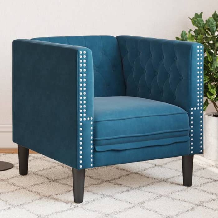 Fauteuil Chesterfield velours - vidaXL - Bleu - 71x74.5x70.5 cm - Velours - Rembourré - Boutons tuftés - Pieds robustes
