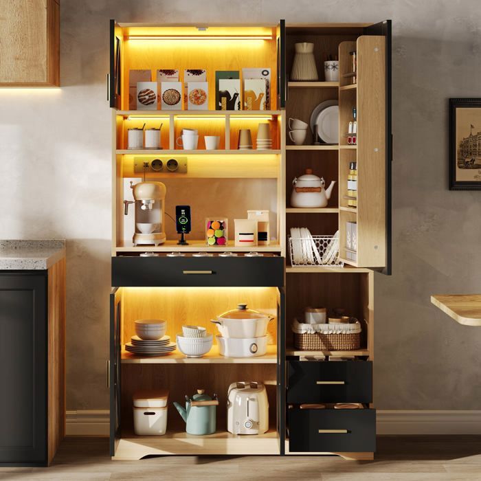 Armoire Buffet Haut de Cuisine 185x105x40 cm - Eclairage LED 4 Prises et USB Plan de Travail Tiroir et Etagères Réglables Bois