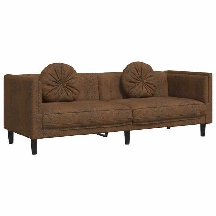 Canapé 3 places similicuir daim - JILL - 193 5x77x70 cm - Marron - Similicuir daim - Oreillers ronds inclus