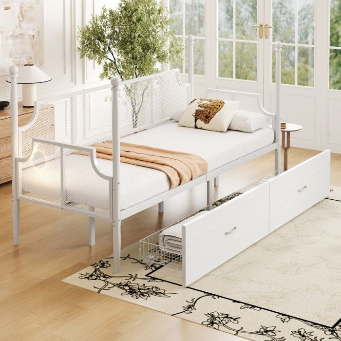 Lit Simple Canapé-lit Fer 90x200cm Blanc Vintage-Résille Colonne Métal Rangements-Structure Stable-Sans Matelas Adolescent