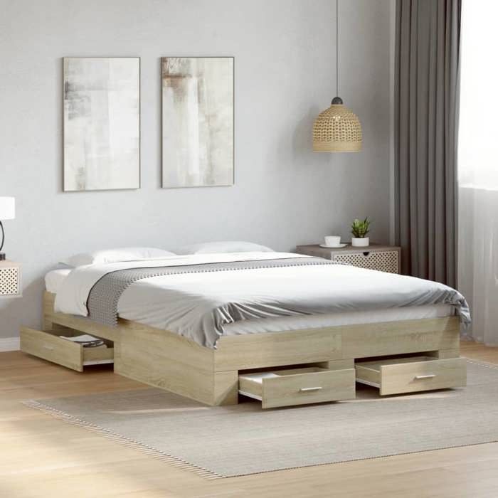 Structure de lit avec tiroirs - UU - Chêne sonoma - 140x190 cm - 193x143x32 cm - Tiroirs de rangement