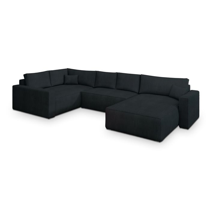 Canapé dangle VELAMI Canape Convertible - Gauche - U - 3 places - 365x194x83 cm - Velours côtelé POSO 135 - Noir