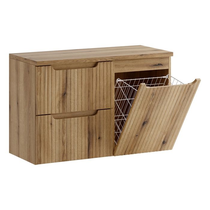 Meuble suspendu sous vasque NOVA ch&ecirc;ne coast evoke 90 cm avec panier &agrave; linge et plan