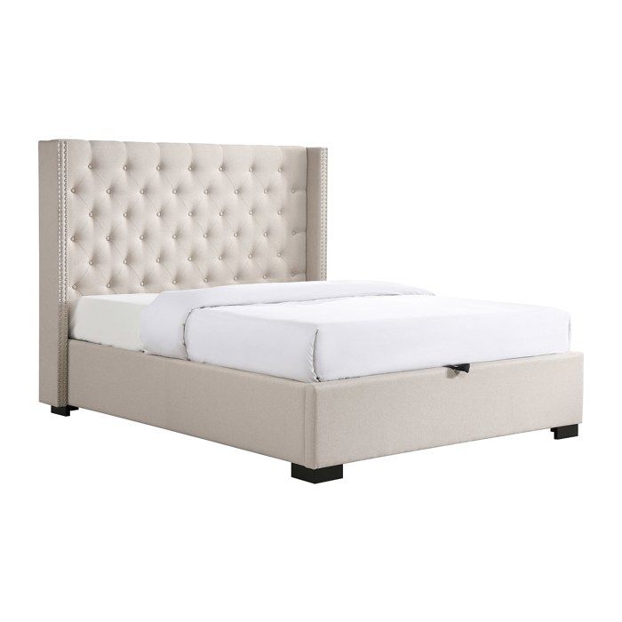Lit coffre 160 x 200 cm avec tête de lit capitonnée - Tissu - Beige - MASSIMO II Lit coffre 160 x 200 cm avec tête de lit capitonnée - Tissu - Beige - MASSIMO II
