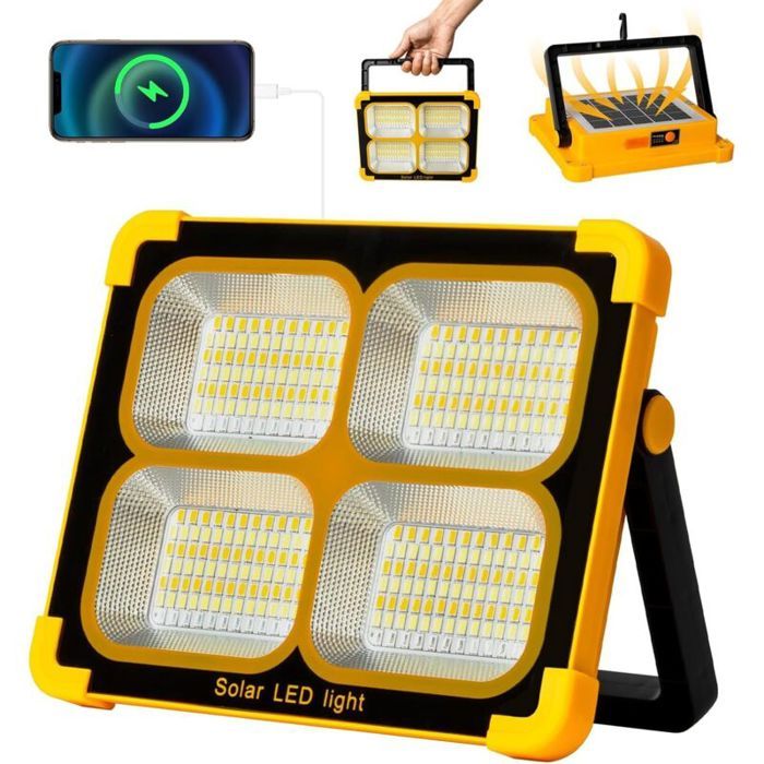 Projecteur Led Rechargeable 100W: Projecteur Led Chantier avec Panneau Solaire -7200mAh USB Lampe Chantier 4 Mode déclairage Idéa