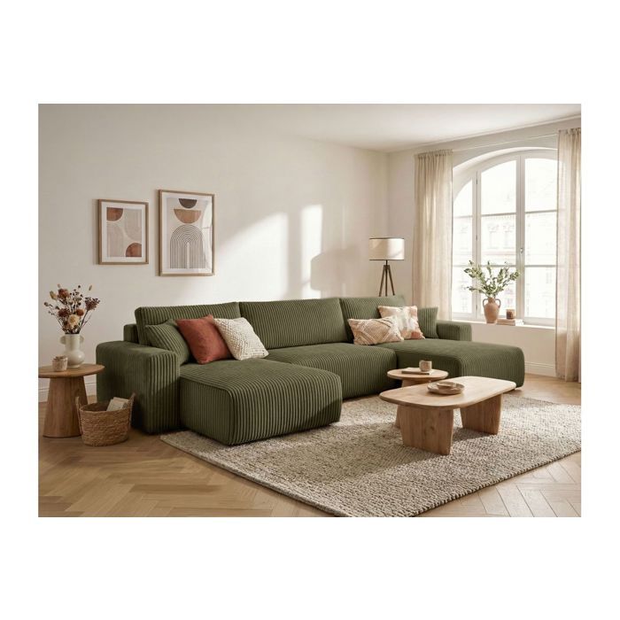Canapé panoramique convertible 6p ALYA velours cotelé épais Vert kaki Canapé panoramique convertible 6p ALYA velours cotelé épais Vert kaki