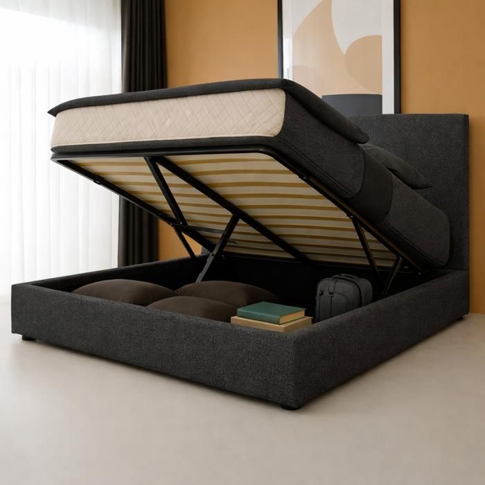 Lit coffre - SAMPUR - 140x190 - Tissu bouclette gris clair - Ouverture latérale ergonomique - Grand coffre